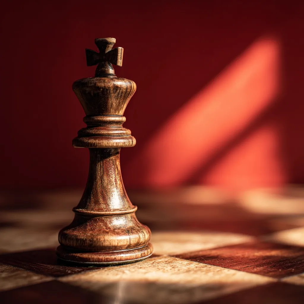 A dark brown wooden chess king stands on a chessboard against a red background.  Sunlight streams across the board, highlighting the king's intricate details and the rich wood grain. The image evokes themes of strategy, leadership, and the weight of decision-making.  The focus is sharply on the king, with the background softly blurred.