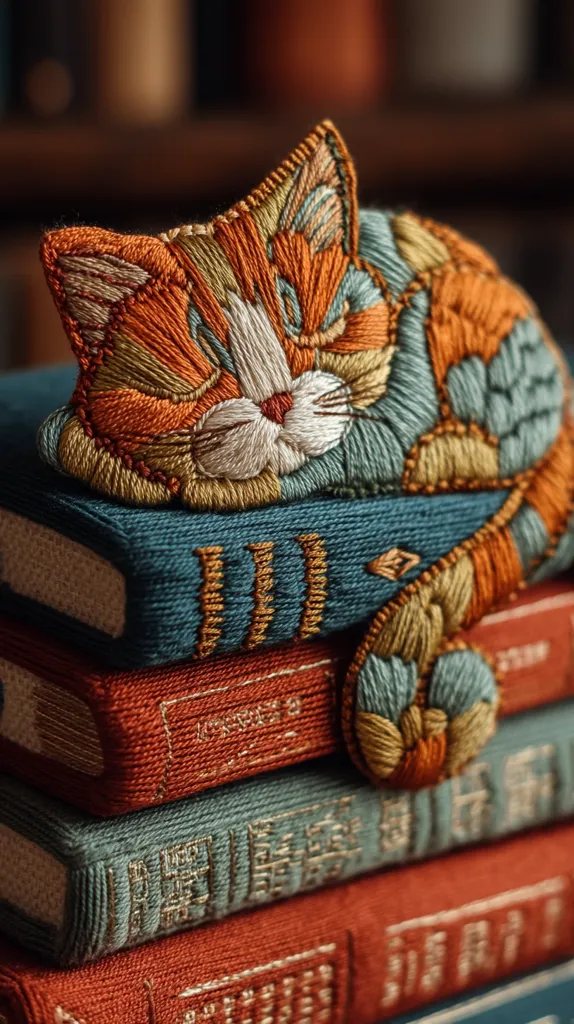 A meticulously embroidered cat, rendered in warm orange and teal tones, rests atop a stack of intricately stitched books. The cat's design is detailed, featuring a variety of stitches and thread colors to create texture and depth. The books are similarly embroidered, mimicking the appearance of antique volumes. The overall image evokes a sense of cozy charm and artistic skill.