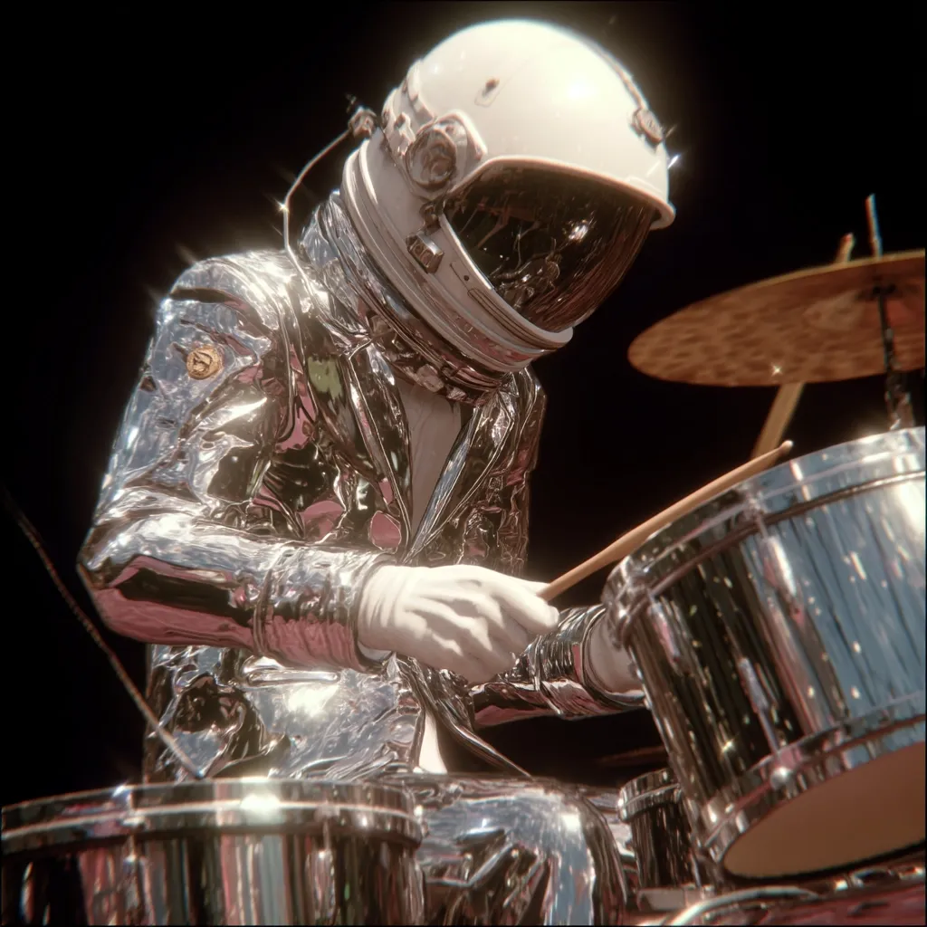 A close-up shot reveals an astronaut, clad in a shimmering silver suit, seated behind a drum kit.  The astronaut's helmet is white, reflecting light. The scene is dark, highlighting the metallic gleam of the suit and the drums.  The astronaut's gloved hands expertly hold drumsticks, poised to strike a drum. The overall aesthetic is futuristic and dramatic.
