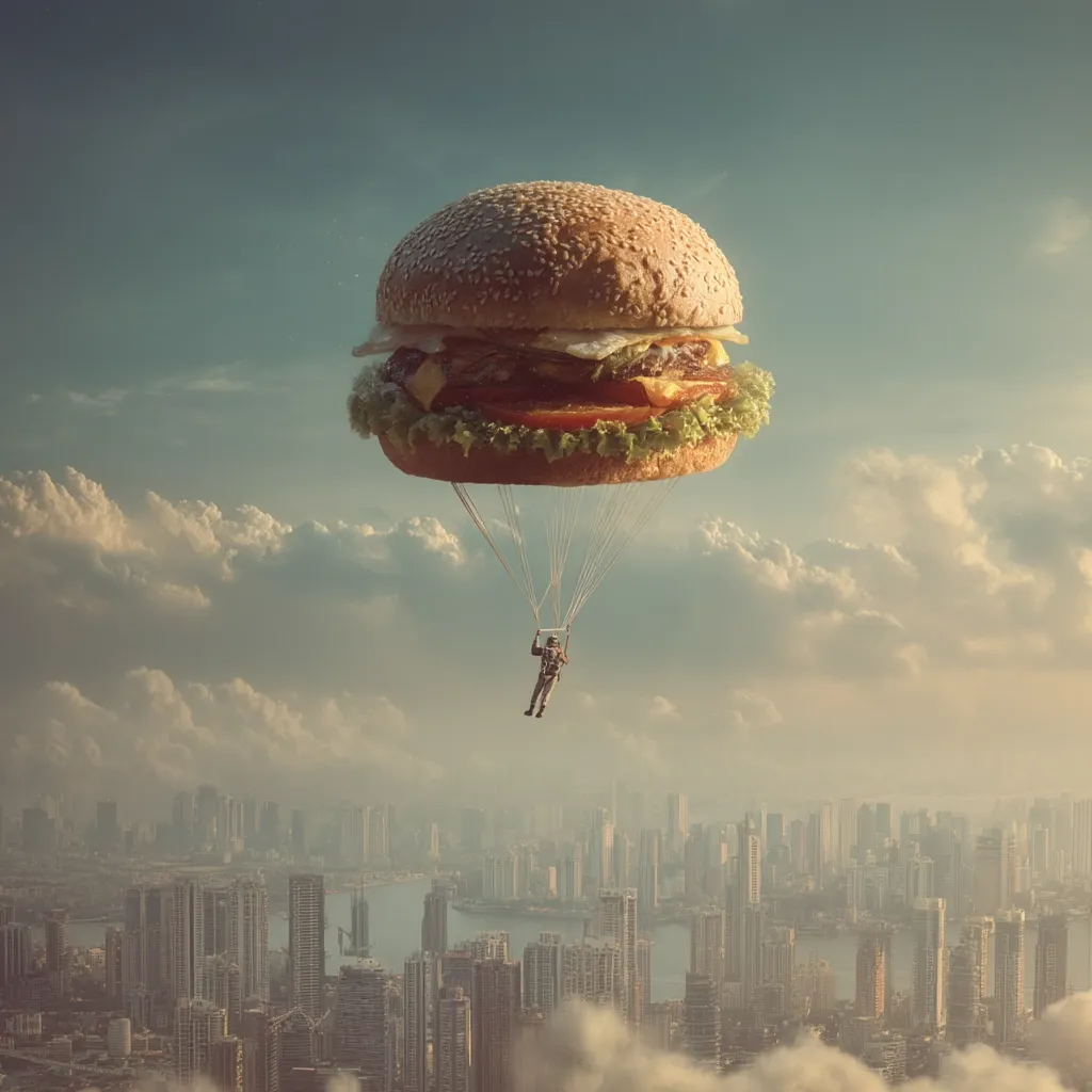 A giant cheeseburger acts as a parachute for a skydiver descending over a sprawling cityscape.  The surreal image juxtaposes the mundane (a city) with the fantastical (a burger parachute).  The skydiver is small against the immense burger, emphasizing the burger's outsized scale.  The overall tone is whimsical and slightly humorous.
