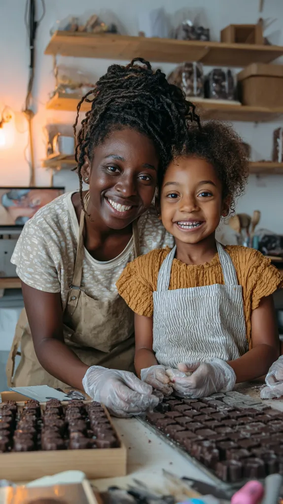 A Black woman and a young girl, likely mother and daughter, are arranging chocolate squares on a tray in a chocolate shop.  They both wear aprons and gloves, showcasing a shared family business or a sweet moment of teamwork. The shop's shelves filled with chocolate boxes are visible in the background, creating a warm and inviting atmosphere.  Their smiles express joy and pride in their work.