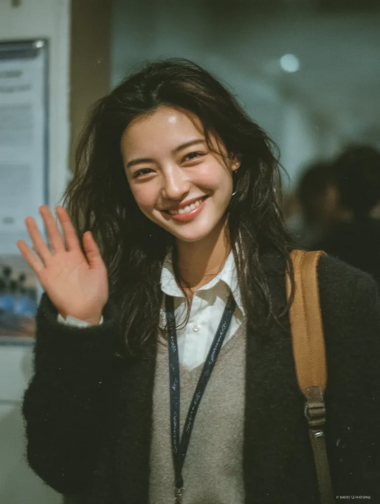A young woman with long, dark hair smiles warmly and waves.  She's wearing a dark cardigan over a light gray sweater and white collared shirt. A lanyard hangs around her neck, and a tan backpack is partially visible. The background is blurred, suggesting an indoor setting. The overall mood is friendly and approachable.