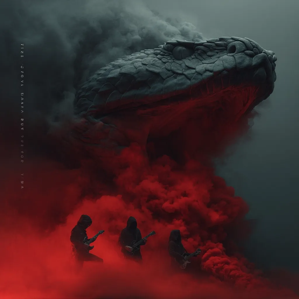 A digital artwork depicts a colossal, stone-like serpent's head looming over three cloaked figures playing electric guitars.  Crimson smoke billows around them, creating a dramatic, almost apocalyptic scene. The overall mood is dark, mysterious, and powerful, suggesting a blend of fantasy and heavy metal aesthetics.  The serpent's scale-like texture is detailed, contrasting with the shadowy figures.