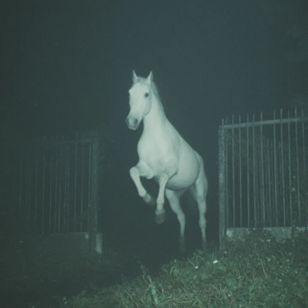 A ghostly white horse, seemingly mid-leap, is captured in a low-light photograph.  The horse is positioned before a dark metal gate, set against a shadowy, nocturnal background. The image has a grainy, ethereal quality, enhancing the mysterious ambiance. The scene suggests escape or a moment of untamed energy in the darkness.
