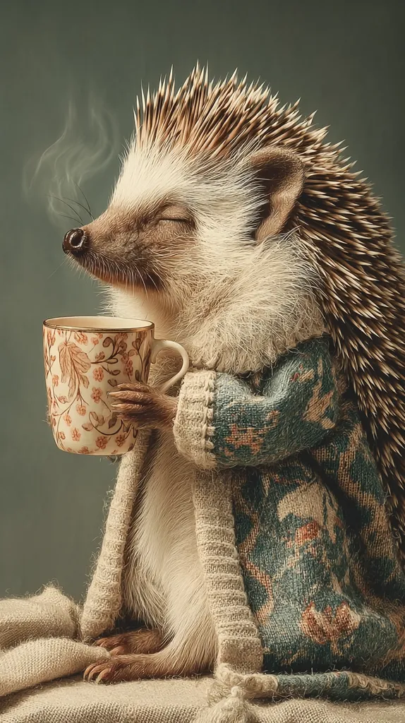 A hedgehog, wearing a cozy patterned cardigan, sits contentedly, holding a warm mug.  Steam rises from the mug, suggesting a hot beverage. The hedgehog's eyes are closed, conveying a sense of peace and relaxation. The overall scene is charming and whimsical, creating a heartwarming image.