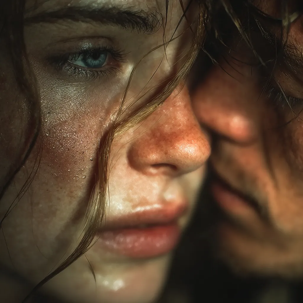 A close-up shot captures an intimate moment between a young couple.  The woman's face, glistening with perspiration, is turned slightly away, her eyes partially visible.  Her brow is furrowed slightly, and her expression is one of quiet intensity.  The man's face is partially obscured, but his proximity to the woman suggests a tender embrace.  The overall mood is sensual and suggestive of a shared experience.  The lighting enhances the texture of their skin and the intimacy of the scene.