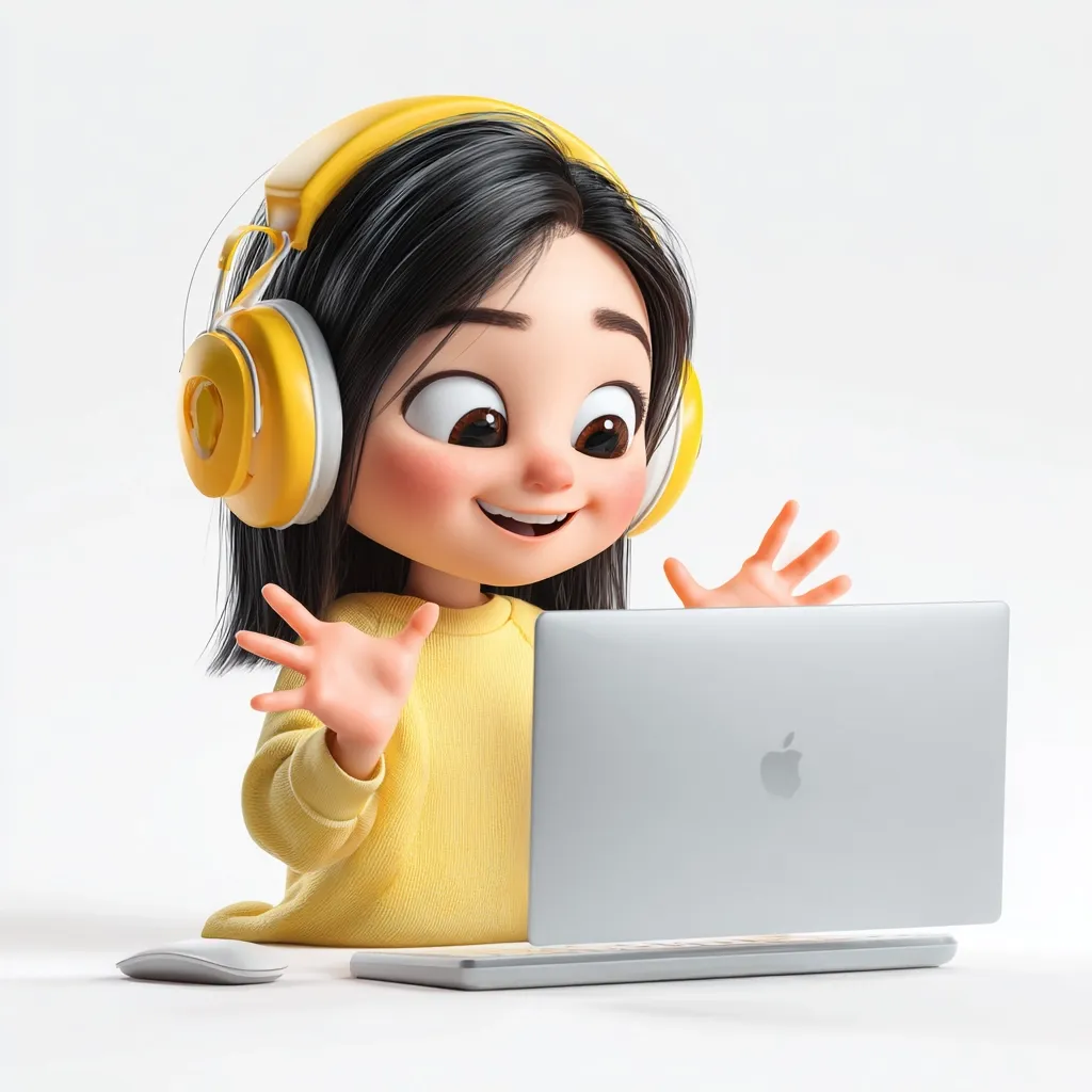 A cute, cartoon girl with black hair and large eyes wears yellow headphones and a yellow sweater.  She sits before a silver laptop computer, her hands outstretched in a welcoming gesture. A white mouse is beside the keyboard. The image suggests online interaction or virtual communication.  The style is playful and cheerful.