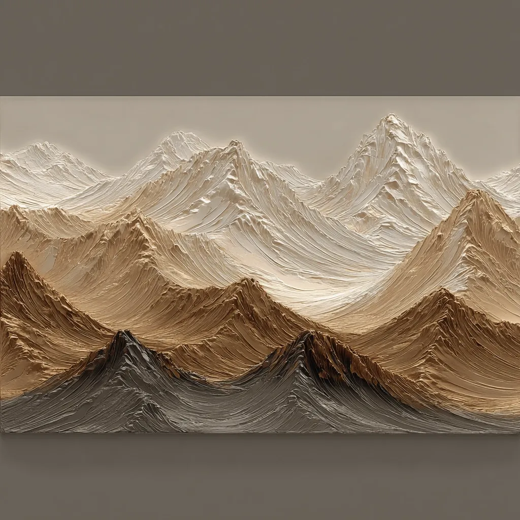 A panoramic artwork depicts a stylized mountain range.  The mountains are rendered in shades of off-white, beige, and dark brown, creating a layered effect.  The textured paint application gives the mountains a three-dimensional appearance, emphasizing the flowing lines and peaks. The overall palette is muted and elegant, suggesting a calm and serene landscape.