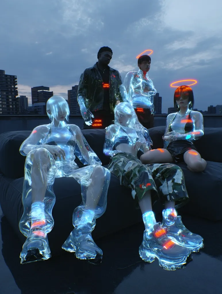 Five figures, seemingly translucent and glowing, lounge on an outdoor couch at dusk.  They wear futuristic clothing and footwear that emit a vibrant, neon light.  Two figures have glowing halos. The backdrop is a city skyline at twilight. The overall aesthetic is cyberpunk, blending futuristic elements with a moody urban setting.  The image conveys a sense of otherworldliness and mystery.