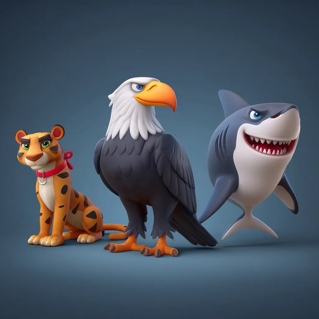 A stylized 3D rendering showcases a trio of cartoon animals: a bald eagle, a great white shark, and a jaguar.  The eagle stands center, its powerful stance contrasting the shark's predatory grin. The jaguar, wearing a red collar, sits calmly to the left. The image is set against a muted blue background, emphasizing the vibrant colors of the characters.  Their cartoonish features give a playful yet slightly intimidating vibe.
