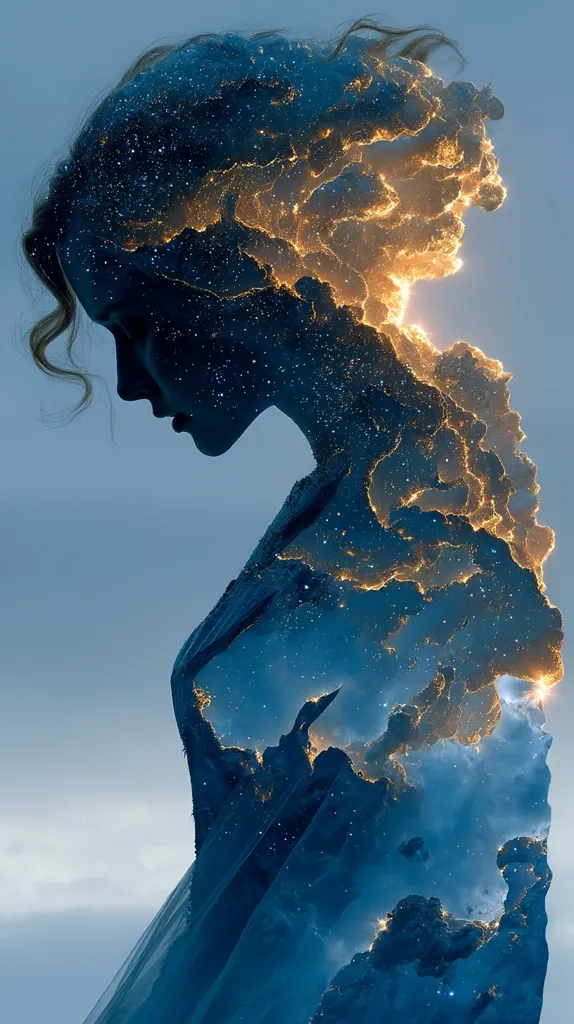 A double exposure image depicts a woman's profile superimposed onto a nebula or celestial landscape.  Her hair blends seamlessly with the cosmic dust and glowing gases. The overall effect is ethereal and dreamlike, suggesting a connection between the woman and the vastness of space.  Her posture is one of gentle melancholy, adding to the image's contemplative mood. The colors are predominantly deep blues and golds, creating a visually stunning contrast.