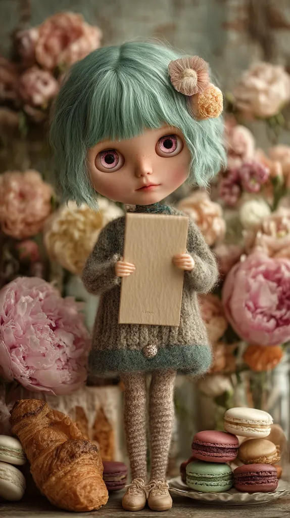 A charming doll with teal hair and large eyes holds a blank card.  She's dressed in a knitted sweater and tights, and stands amidst a backdrop of pastel-colored peonies and delicate pastries, including croissants and macarons. The scene is soft and whimsical, evoking a sense of gentle calm.
