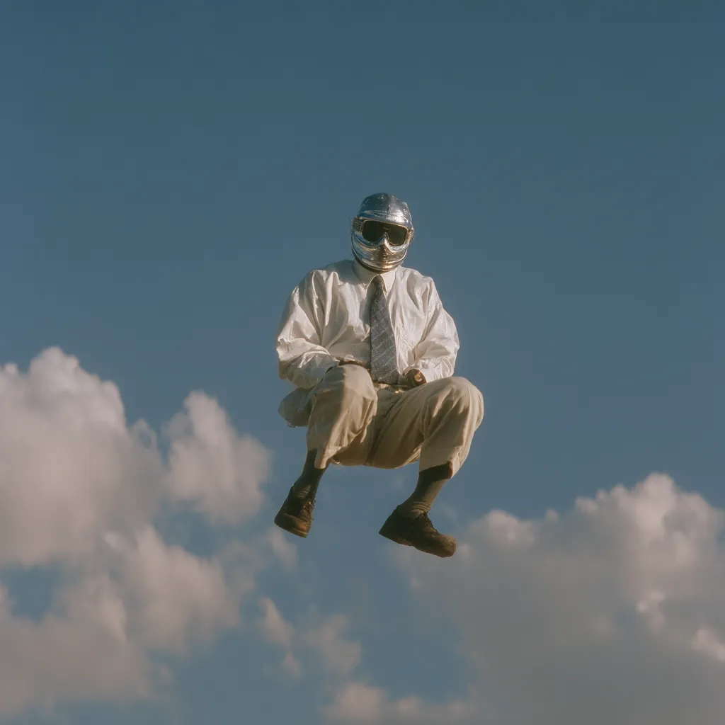 A person wearing a silver helmet and a white shirt and khaki pants floats in the air against a bright blue sky dotted with fluffy white clouds.  The image has a surreal, dreamlike quality. The individual's pose is relaxed, legs slightly bent, suggesting a sense of weightlessness and tranquility. The contrast between the formal attire and the unusual setting creates a striking visual effect.
