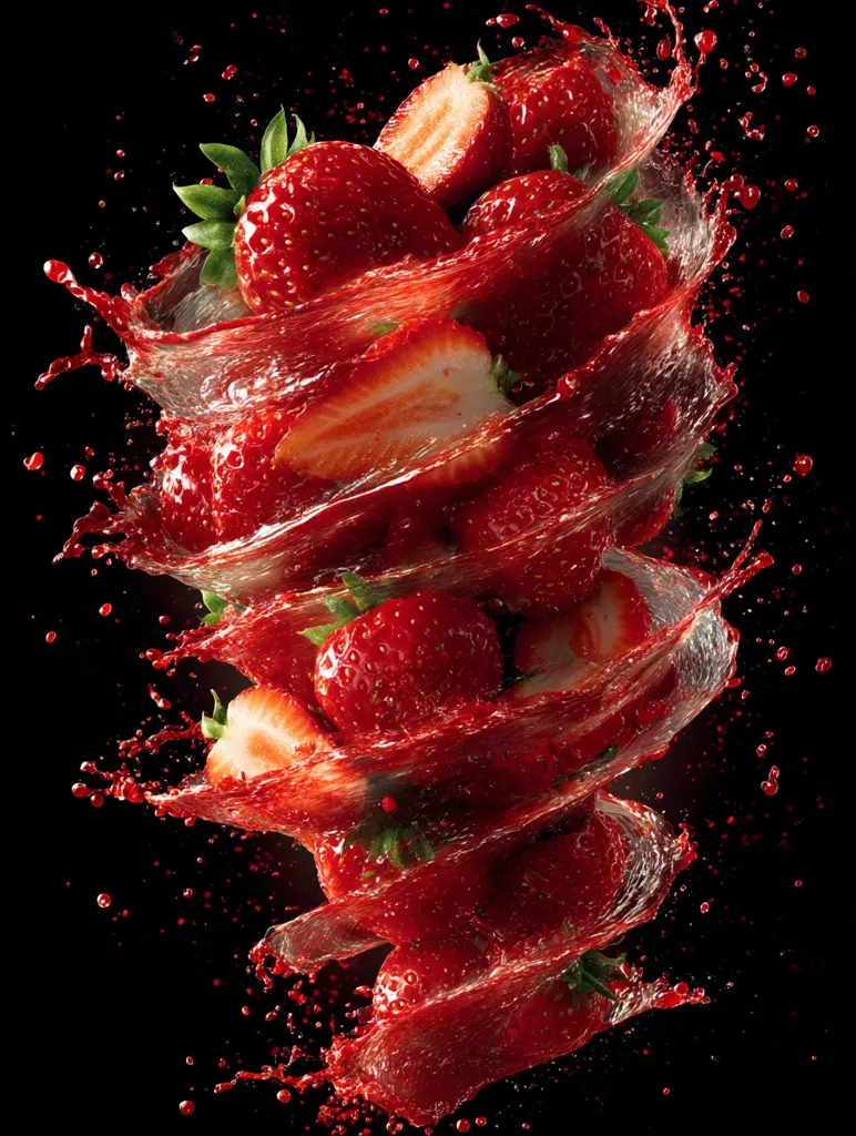 A vibrant cluster of fresh strawberries is captured in mid-air, swirling amidst a burst of juice.  The red fruit and splashing liquid create a dynamic, almost abstract composition against a stark black background.  The image is visually striking, emphasizing the juicy texture and vibrant color of the strawberries.