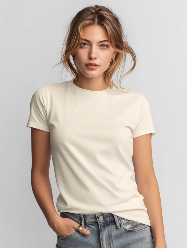 A young woman with light brown hair styled in loose waves wears a cream-colored, short-sleeved t-shirt.  She's wearing light blue jeans and has her hand in her pocket.  Her expression is neutral and direct, looking at the camera. The background is a plain, light grey.