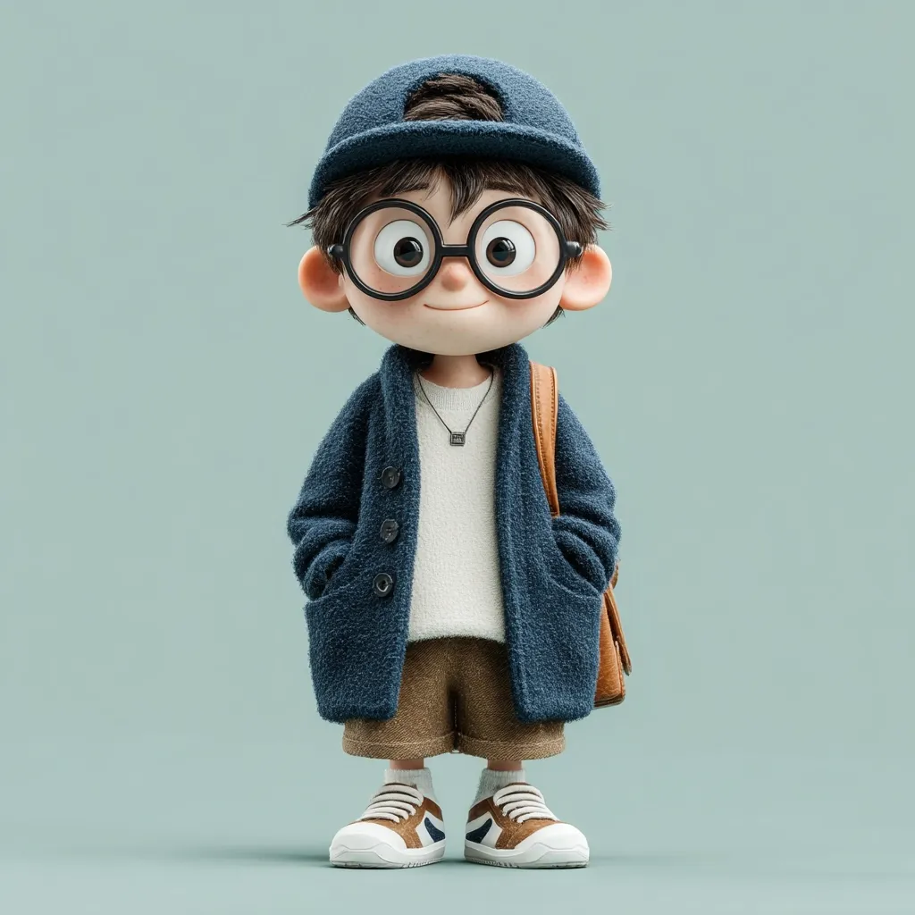 A charming 3D-rendered cartoon boy stands against a muted green backdrop.  He's dressed in a stylish ensemble: a navy blue coat, a cream-colored sweater, khaki shorts, white sneakers, and a dark blue baseball cap.  Round glasses and a small necklace complete his look.  His expression is friendly and approachable, evoking a sense of youthful innocence.  He carries a brown satchel.