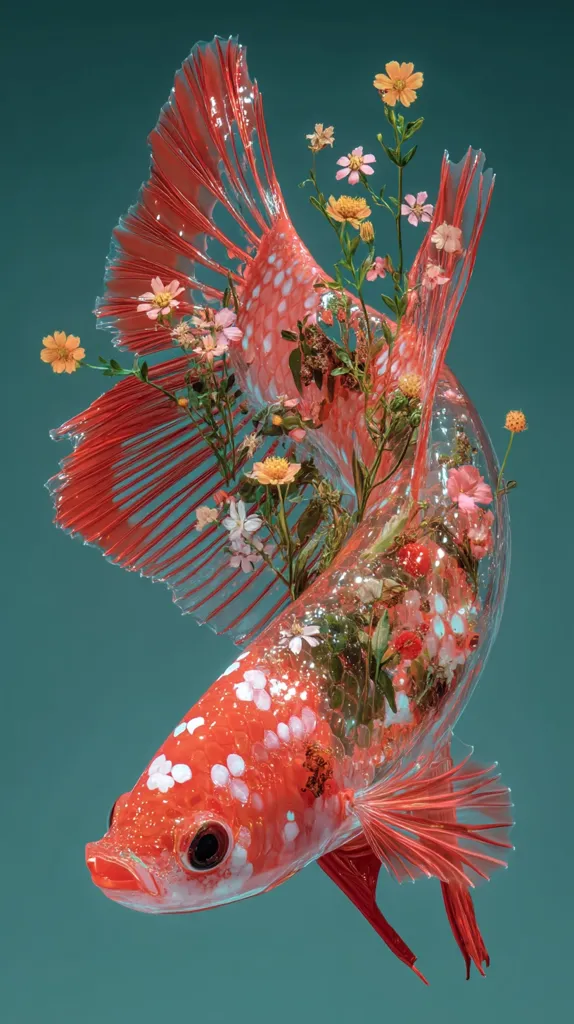 A vibrant, translucent orange betta fish is artfully depicted with its fins seemingly composed of delicate, layered petals.  Wildflowers in various shades of pink, orange, and yellow sprout organically from within the fish's body and fins, creating a surreal and beautiful aquatic floral arrangement against a teal backdrop.  The image is a striking blend of nature and art.