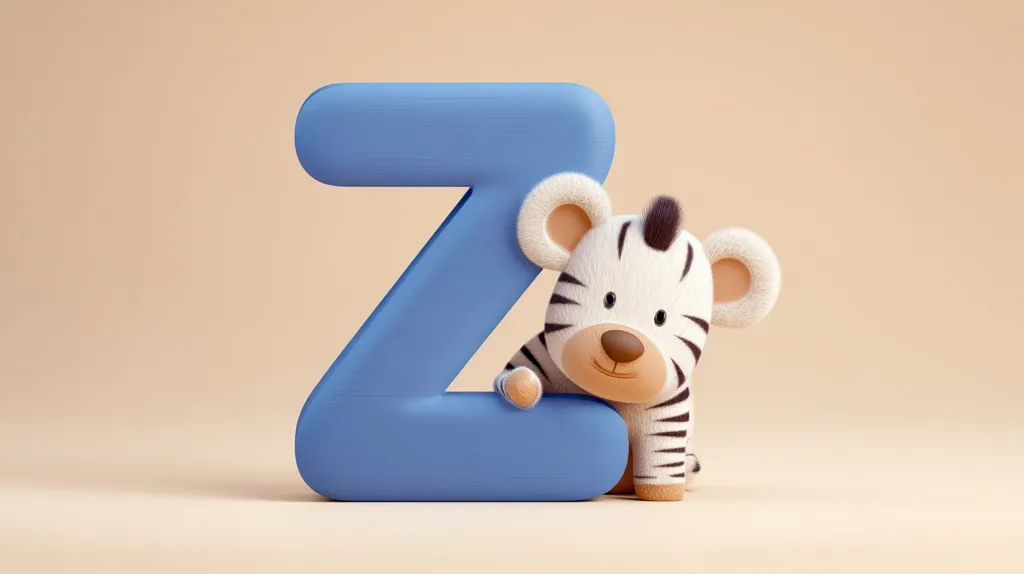 A cute, cartoon-style zebra cub sits beside a large, light-blue letter Z.  The zebra is fluffy and white with black stripes, and has a friendly expression. The letter Z is three-dimensional and appears soft and slightly textured. The background is a pale beige. The overall image is cheerful and child-like, suitable for educational materials or children's products.