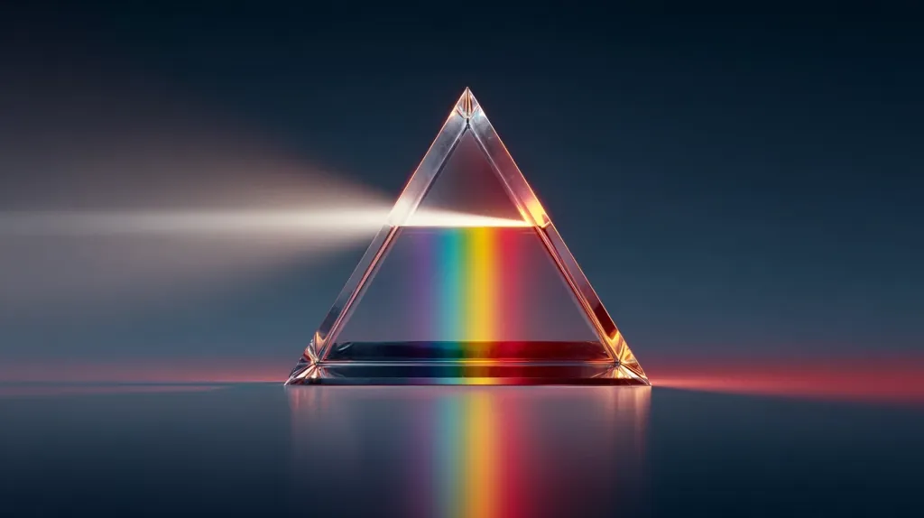 A transparent triangular prism sits on a reflective surface.  A beam of light enters the prism, refracting into a vibrant spectrum of colors that forms a rainbow inside and projects onto the surface below.  The scene is dark, with a subtle gradient of colors in the background, highlighting the prism and its radiant display.