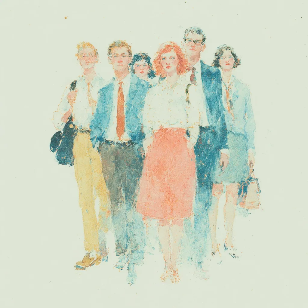 A watercolor painting depicts a group of six young adults, three men and three women, standing shoulder to shoulder. They appear to be colleagues or classmates, dressed in business casual attire. The style is impressionistic, with loose brushstrokes and muted pastel colors, creating a soft, slightly blurred effect.  The figures are subtly individualized, but the overall impression is one of unity and shared experience.