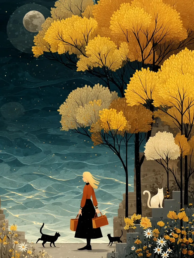 A woman with blonde hair, carrying two suitcases, stands by a calm, dark-blue body of water under a night sky dotted with stars and a large moon.  Golden and off-white stylized trees surround her. Two black cats and a white cat are also present, with the white cat sitting on stone steps adorned with yellow and white flowers. The overall style is serene and dreamlike.