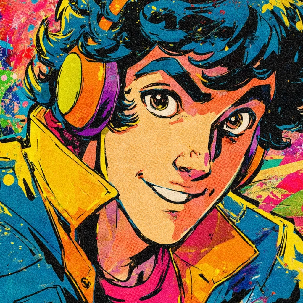 A vibrant, stylized portrait of a young man with dark, curly hair wearing large, colorful headphones.  His expression is cheerful and confident, his features rendered in a bold, comic-book style against a backdrop of bright, splashy paint.  The overall aesthetic is energetic and reminiscent of 1980s pop art. He is wearing a yellow jacket.