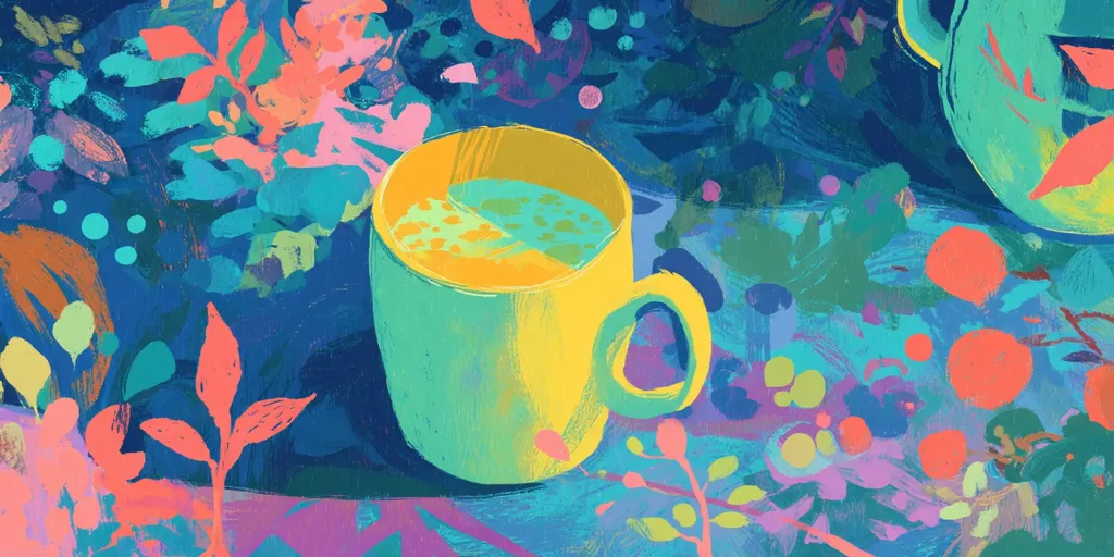 A vibrant, abstract painting depicts a yellow mug filled with a teal liquid, nestled amongst stylized floral elements.  The background is a dynamic mix of blues, greens, oranges, and pinks, creating a lively, almost tropical feel. The style is loose and expressive, with visible brushstrokes emphasizing texture and movement.  A portion of another, larger vessel is visible in the upper right.