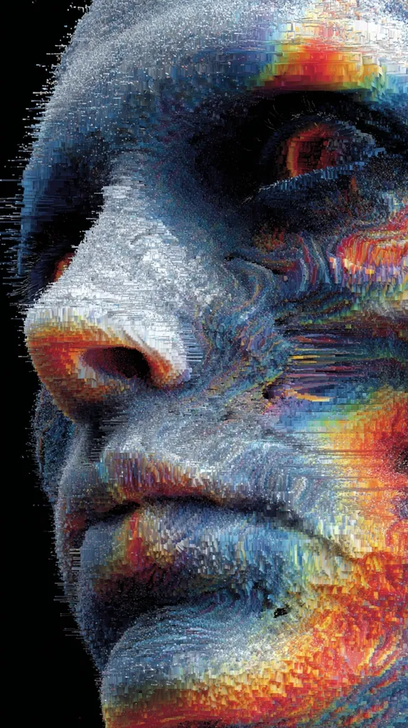A close-up, abstract portrait of a face rendered in a fragmented, pixelated style.  Vibrant hues of blue, red, and orange dominate the image, creating a surreal and almost glitching effect. The details of the nose, eye, and mouth are discernible despite the fractured texture, conveying a sense of depth and emotion. The overall impression is one of digital artistry and experimental aesthetics.