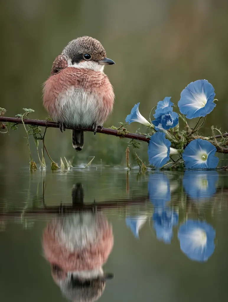 A fluffy, pinkish-red bird perches on a slender branch over calm water, its reflection mirrored perfectly below.  Several vibrant blue morning glories bloom around the branch, adding a splash of color to the serene scene. The bird's soft plumage and the tranquil setting create a picturesque image of nature's beauty.