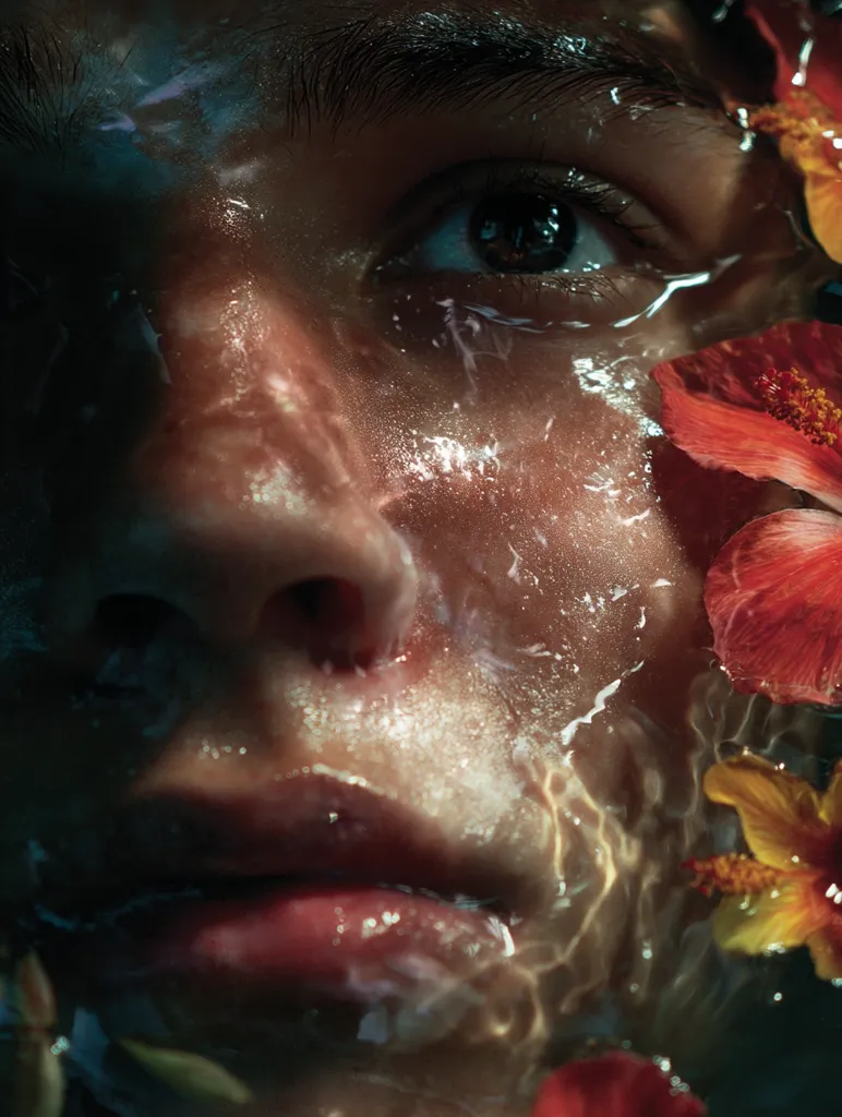 Close-up of a person's face submerged in water, partially obscured by flowing liquid and vibrant red and yellow hibiscus flowers.  The image is darkly lit, emphasizing the contrast between the skin's texture and the bright blooms. The subject's eye is visible, adding a sense of intimacy and mystery. The overall effect is surreal and evocative.