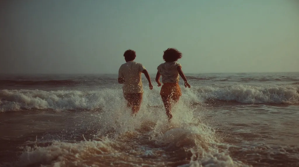 A couple runs playfully into the ocean waves, their backs to the camera.  The ocean is a muted, warm tone, and the sun is setting, creating a soft, hazy light.  The couple is dressed in light summer clothing, enjoying a carefree moment at the beach.  The scene evokes feelings of joy, freedom, and summer romance.