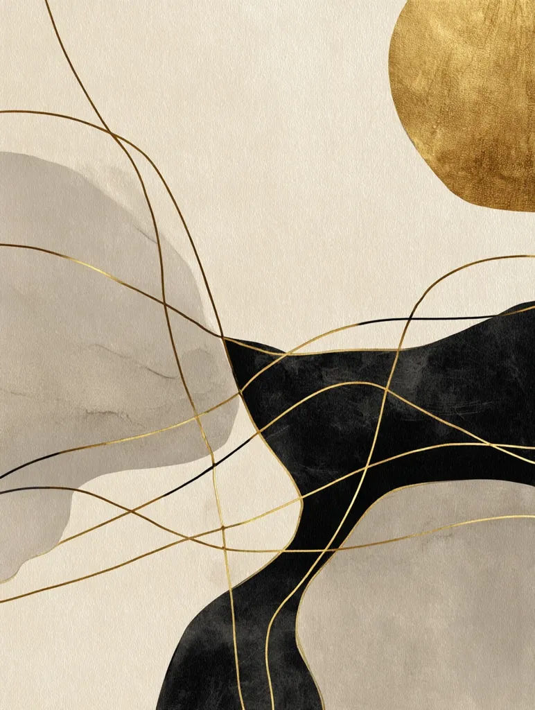 An abstract artwork featuring organic shapes in shades of beige and black, interwoven with delicate gold lines.  A bold gold circle is positioned in the upper right corner. The interplay of color and line creates a sense of movement and subtle elegance, reminiscent of modern minimalist design. The muted color palette lends a calm and sophisticated atmosphere.
