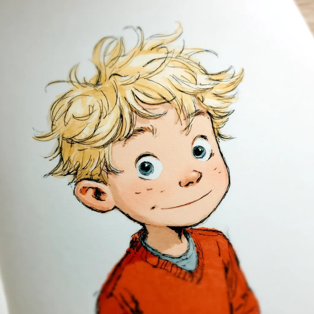A charming illustration depicts a young boy with tousled blond hair, bright blue eyes, and a scattering of freckles. He's wearing a rust-colored sweater, and his expression is one of gentle curiosity. The style is reminiscent of children's book illustration, with loose, expressive lines and watercolor-like washes giving it a soft, whimsical quality.  The boy's gaze is directed slightly upward and to his right, adding to his endearingly inquisitive look.