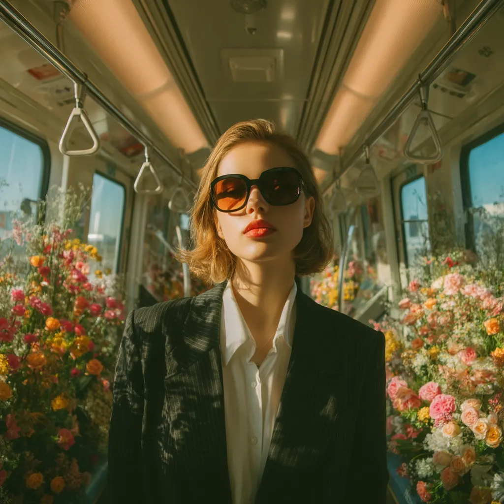 A young woman with short blonde hair and sunglasses stands in a sunlit train car.  She's wearing a dark pinstripe blazer over a white shirt.  Large bouquets of vibrant flowers flank her on either side, creating a colorful and stylish scene.  The overall aesthetic is fashionable and slightly vintage.