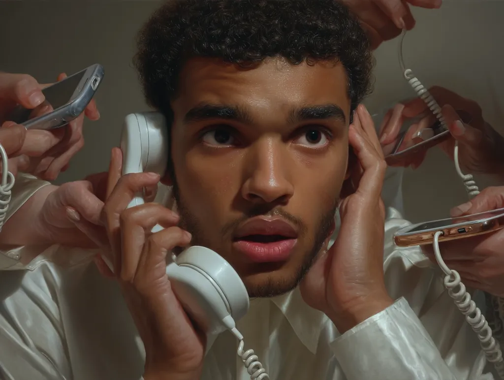 A young man with dark curly hair is overwhelmed by a multitude of devices.  He holds a vintage corded telephone to his ear, while numerous hands reach in from the sides, each holding a modern smartphone or another device, their cords encircling him. His expression is one of stress and anxiety, highlighting the constant connectivity and potential overload of the digital age.  The painting's soft lighting contrasts with the tension in the scene.
