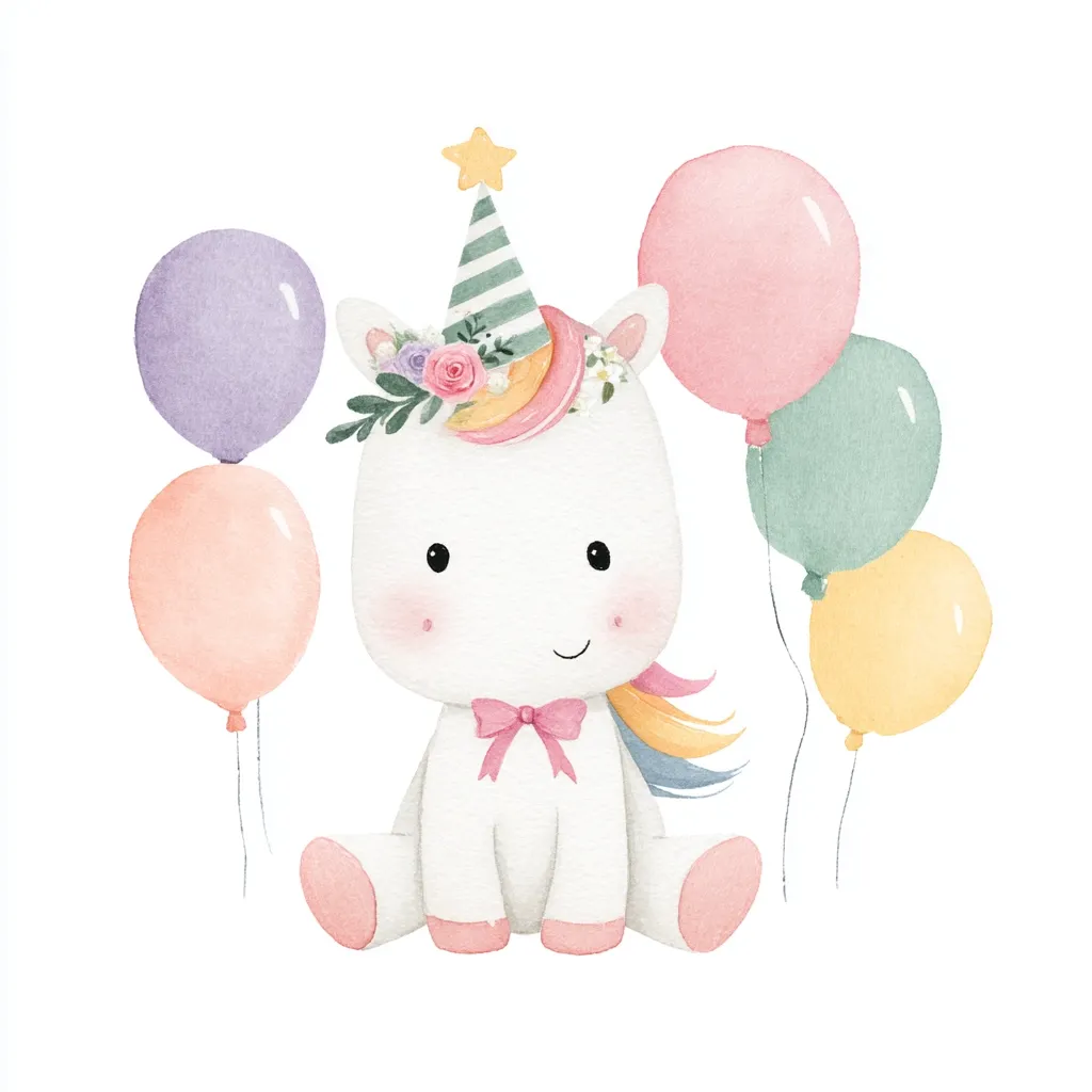 An adorable watercolor illustration of a baby unicorn wearing a party hat adorned with flowers.  The unicorn is surrounded by pastel-colored balloons in shades of pink, purple, green, and yellow, creating a festive birthday scene.  The unicorn's expression is sweet and charming, making it perfect for children's decor or cards.