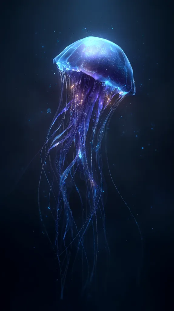 A mesmerizing jellyfish floats in the inky blackness of the deep ocean.  Its bell glows with an ethereal blue light, punctuated by sparkling particles.  Long, delicate tentacles trail below, creating a luminous, otherworldly spectacle. The image evokes a sense of mystery and the beauty of the deep sea.