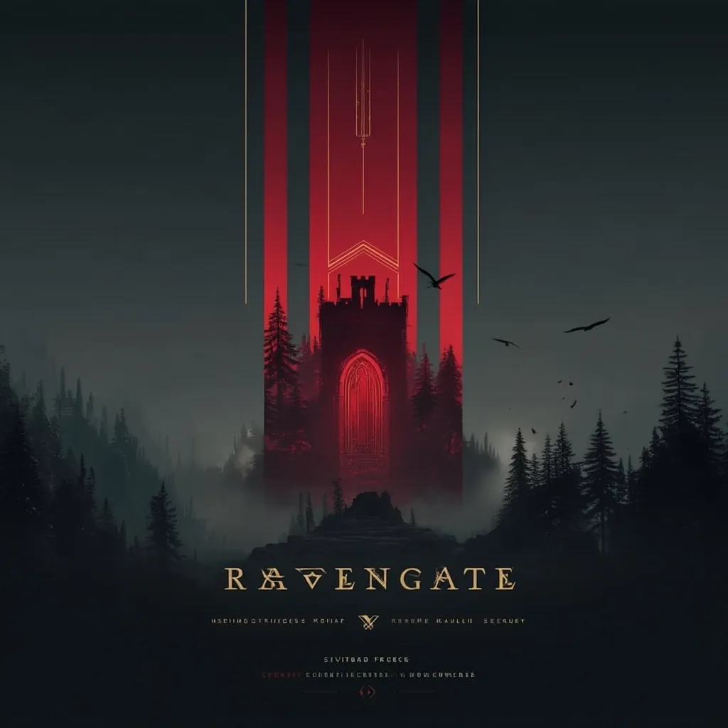 A dark, atmospheric poster for "Ravengate" features a gothic stone tower glowing red within a shadowy forest.  Birds fly overhead against a dusky sky.  The title is stylized in a gothic font, with additional text listing names and credits below.  The overall mood is mysterious and ominous, suggesting a fantasy or horror setting.