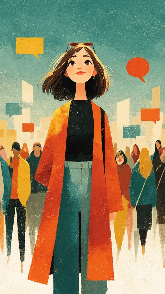 A stylish woman with bobbed brown hair, wearing an orange coat and teal pants, stands amidst a blurred crowd.  Speech bubbles float around her, suggesting a bustling, possibly urban environment. Her posture and expression convey a sense of quiet confidence and contemplation, standing out from the anonymous figures surrounding her. The overall style is illustrative, with a textured, slightly muted color palette.