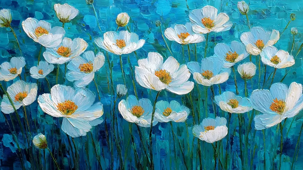 A vibrant oil painting depicts a profusion of white flowers against a rich teal background.  The flowers, possibly poppies or anemones, are rendered with visible brushstrokes, creating a textured effect.  Their white petals contrast beautifully with the deep blue-green hues of the background, suggesting a field of flowers bathed in light. The impasto style adds depth and dynamism to the scene.