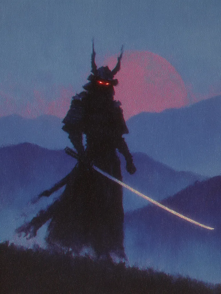 A lone samurai, silhouetted against a dusky twilight sky, stands on a hill overlooking a mountain range.  The setting sun casts a reddish glow on the clouds behind him.  His samurai armor is dark, almost black, and his eyes glow red. He holds a long katana, its blade extending diagonally across the scene. The overall mood is one of mystery and solitude.