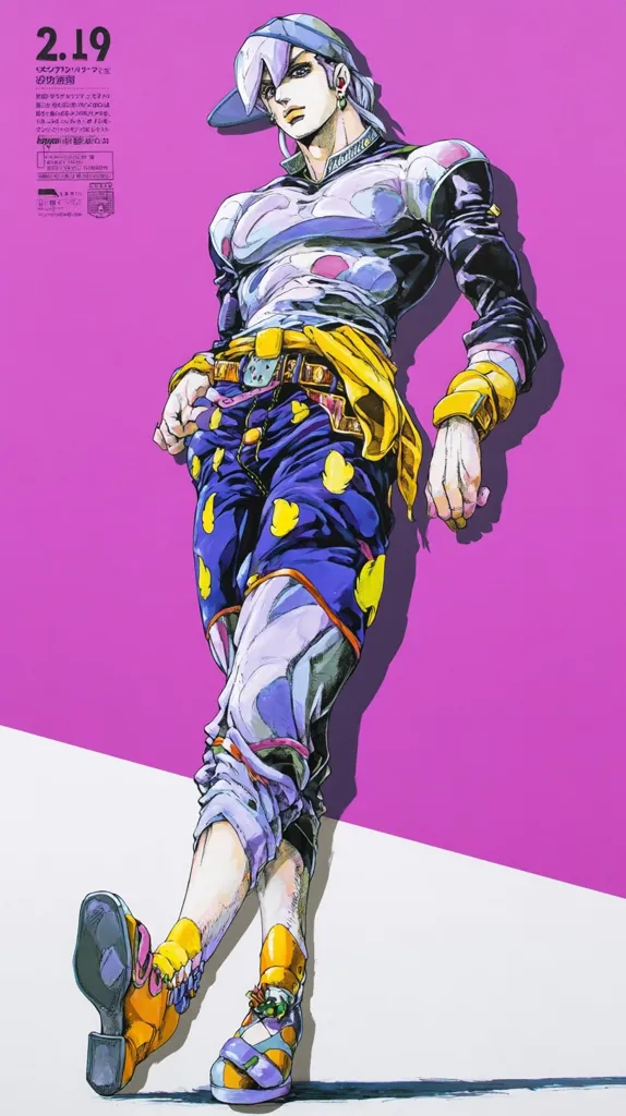A vibrant illustration showcases a stylized male figure, possibly a character from anime or manga. He sports a unique ensemble: a purple and white patterned top, blue pants adorned with yellow accents, and striking multicolored shoes.  His pose is relaxed yet confident, leaning against a stark pink and white background. The image features Japanese text, suggesting promotional material or an art piece. The overall style is bold and expressive.
