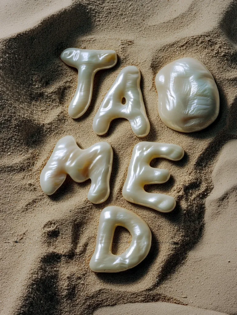 The word "TAMED" is spelled out in large, pearly, sculpted letters resting on a bed of sand.  The letters have a smooth, iridescent surface, reflecting light.  The overall image is calming and suggests a peaceful, beachside setting. The contrast between the smooth letters and the textured sand is striking.