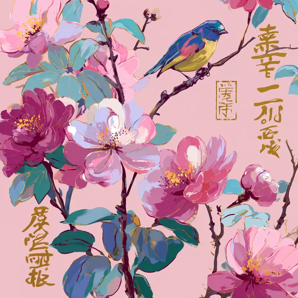 A vibrant illustration features a branch adorned with large, stylized pink and purple blossoms.  A small, blue and yellow bird perches delicately on a twig.  The background is a soft pink, and gold Chinese characters are subtly incorporated into the design, adding an air of elegance and cultural significance. The painting style is loose and expressive, emphasizing texture and color.