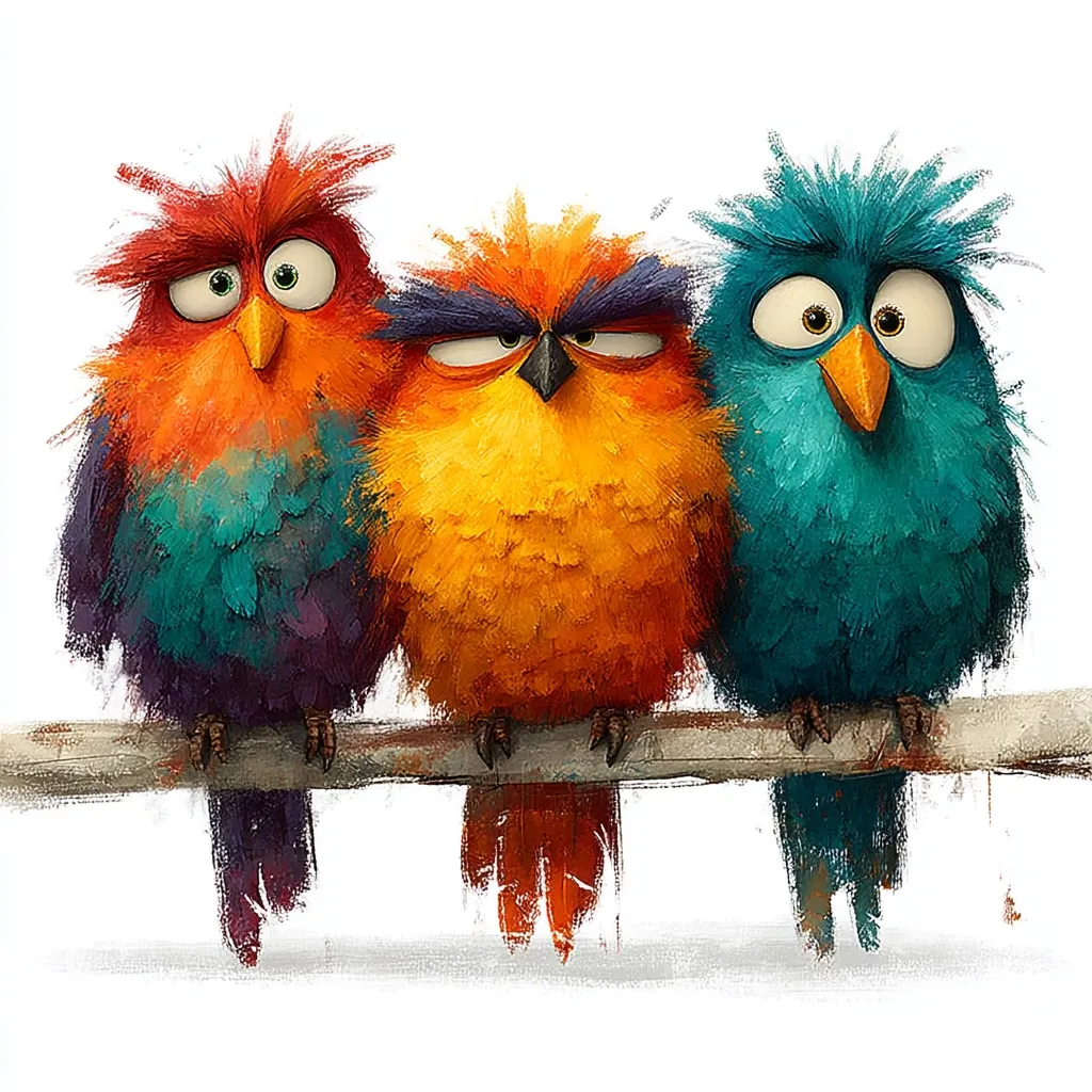 Three cartoon birds, perched on a branch, express different emotions.  The first is a vibrant mix of orange and teal, appearing slightly surprised. The middle bird, a fiery orange, has an angry expression. The last bird, a teal blue, looks wide-eyed and bewildered.  Their fluffy textures and bold colors create a playful, artistic scene.