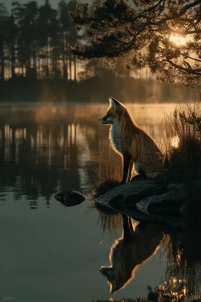 A red fox sits perched on a rock by a tranquil lake at sunrise.  The warm light illuminates the fox's fur, creating a striking silhouette against the calm water. Its reflection is perfectly mirrored in the still surface, enhancing the serene atmosphere of the forest scene. The background features a dark, shadowy forest and the branches of a pine tree overhead.
