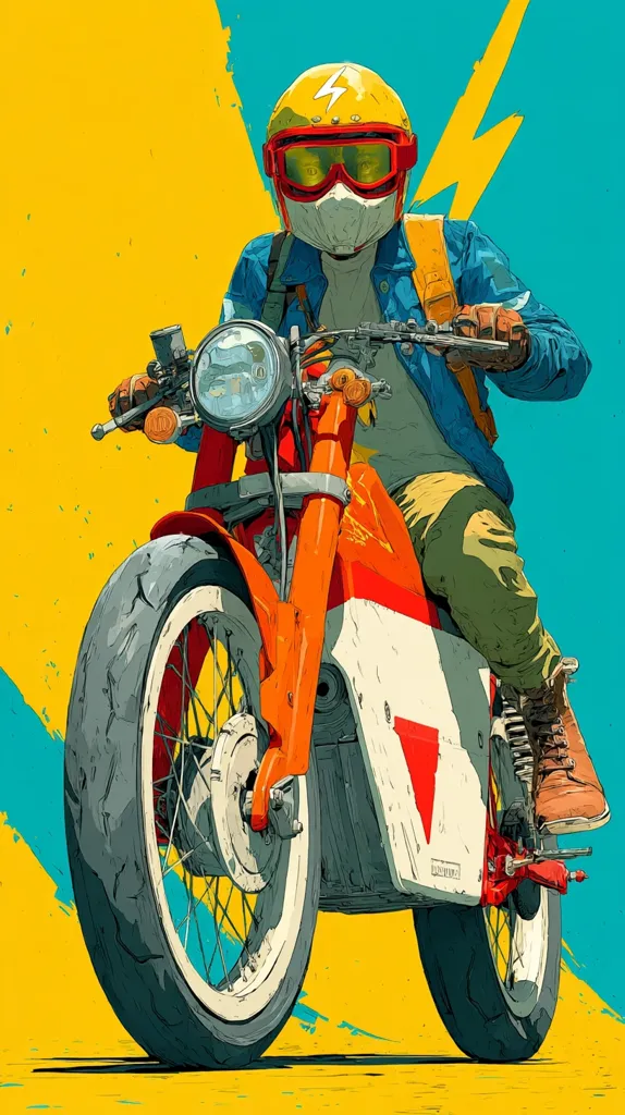 A stylized illustration depicts a motorcyclist in a yellow helmet and goggles, riding a vibrant orange and white motorcycle.  The rider's attire is a denim jacket and khaki pants. The bold graphic style contrasts a bright yellow and teal background with a dynamic lightning bolt shape. The motorcycle's front wheel is sharply in focus, showcasing detailed tire texture and spokes. The overall aesthetic is energetic and retro-futuristic.