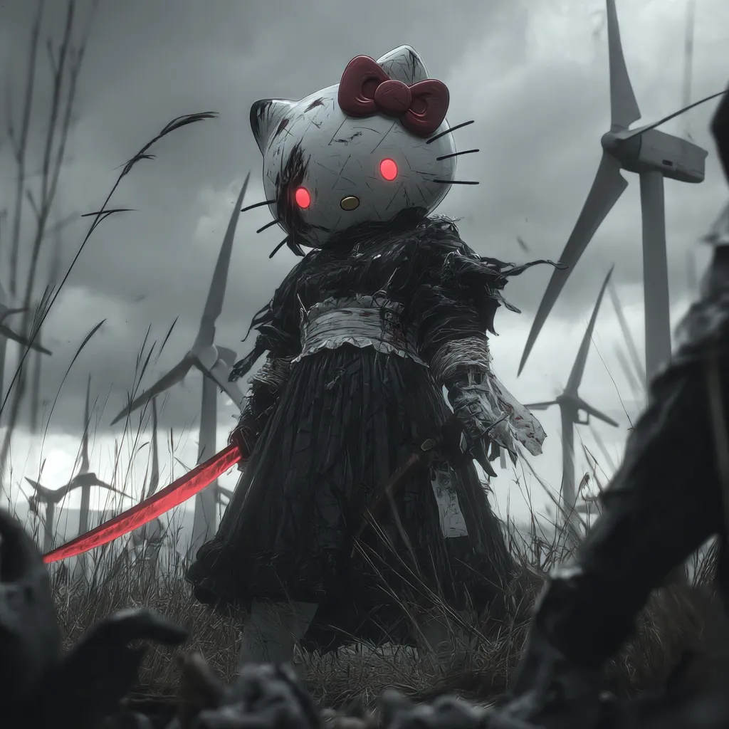 A digital illustration depicts a figure, seemingly a warrior, wearing a tattered black dress and a Hello Kitty head mask with glowing red eyes.  The mask is damaged, showcasing a weathered, almost robotic appearance. The figure wields a long, red katana amidst a desolate landscape filled with wind turbines, suggesting a post-apocalyptic or dystopian setting.  The overall mood is dark and ominous.
