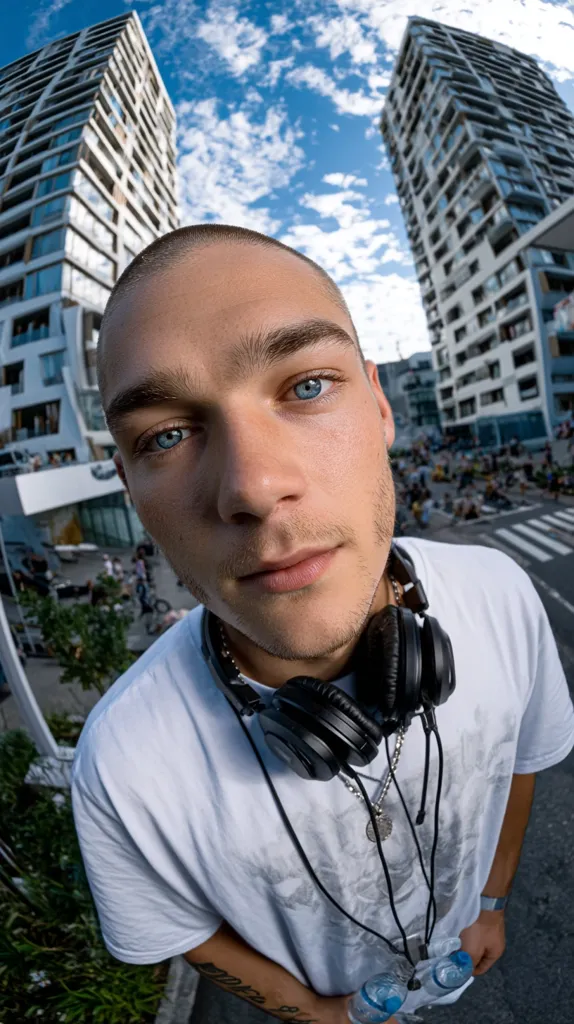 A close-up, fisheye-lensed shot of a young man with short, buzzed hair and striking blue eyes. He's wearing a plain white t-shirt and over-ear headphones around his neck.  Tall, modern buildings form a backdrop to the image, creating a city setting.  The photo's perspective is from below, emphasizing the subject's proximity to the camera.  A hint of street life is visible in the background.
