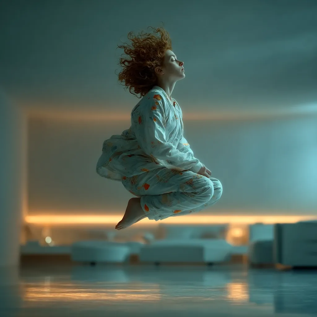 A young woman with vibrant red hair floats mid-air in a tranquil bedroom setting.  She's wearing light-colored pajamas adorned with a subtle floral pattern. Her eyes are closed, suggesting a serene, dreamlike state. The room's soft lighting and reflective floor enhance the ethereal quality of the image, creating a surreal and peaceful atmosphere.